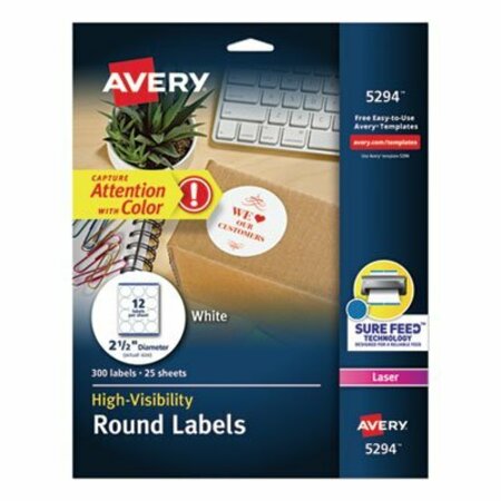 AVERY DENNISON Avery, PERMANENT LASER PRINT-TO-THE-EDGE ID LABELS W/SUREFEED, 2 1/2inDIA, WHITE, 300PK 5294